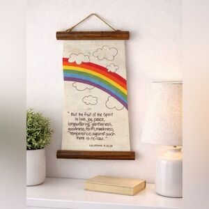 Vintage Christian Wall Hanging Rainbow Galatians 5:22–23 Fabric Banner Scroll